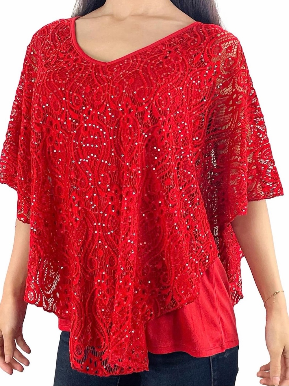 Brittany Black Classic Red Glitter Floral Lace V-Neck 3/4 Sleeve Blouse